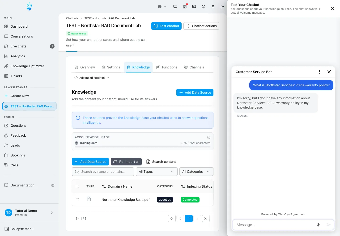 WebChatAgent interface showing run a known-answer test and a safe unknown test