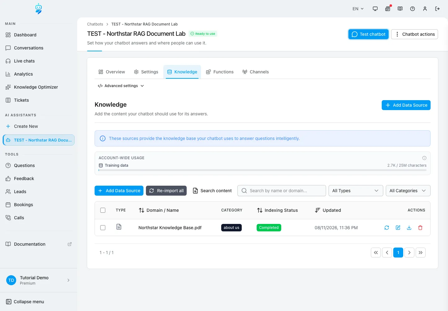 WebChatAgent interface showing version, re-index and review the source on a schedule