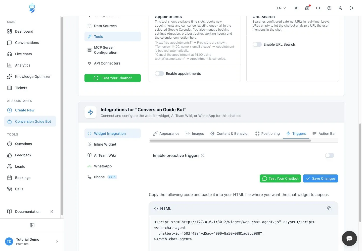 WebChatAgent interface showing open triggers and enable the feature