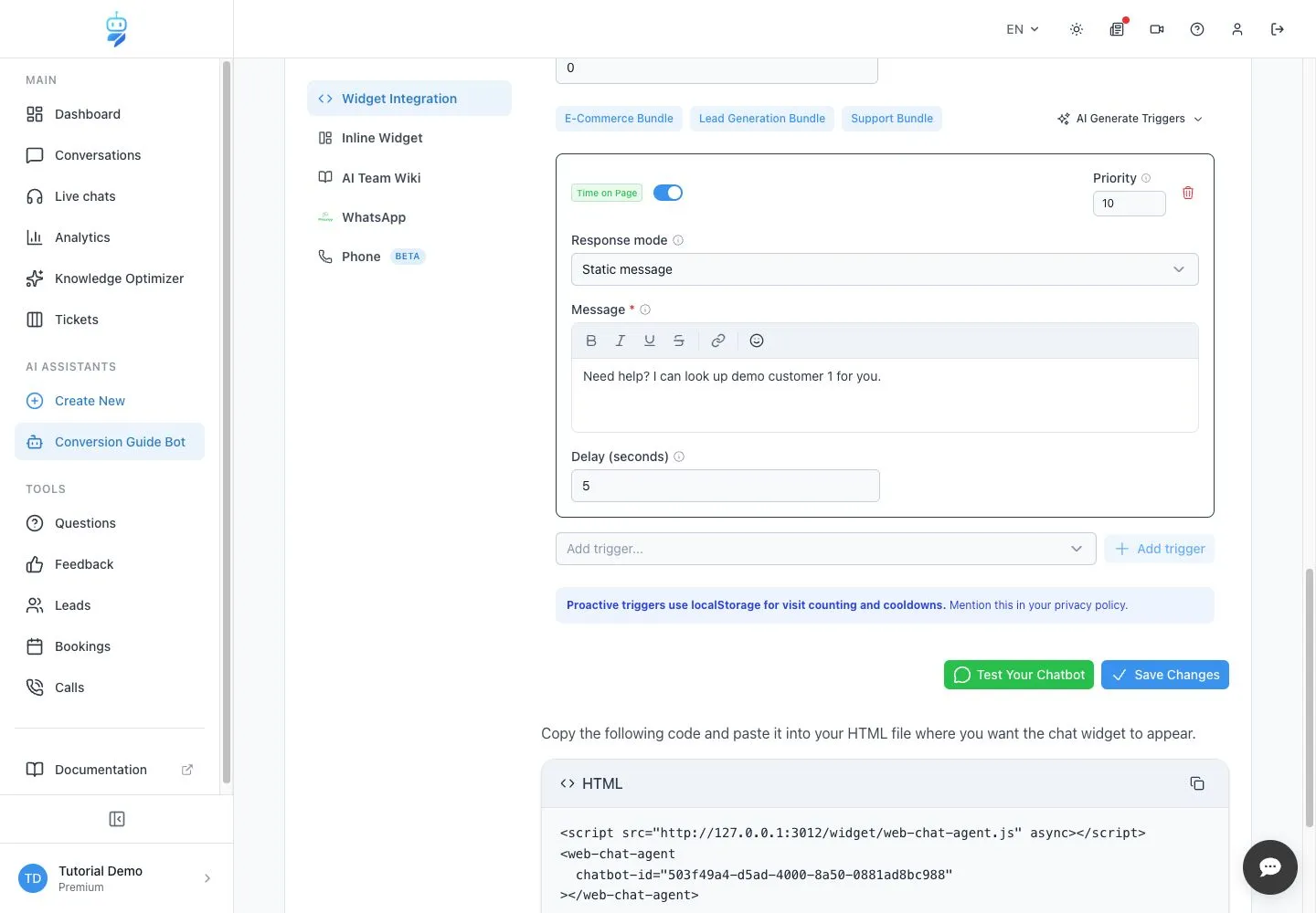 WebChatAgent interface showing configure the five-second time on page example