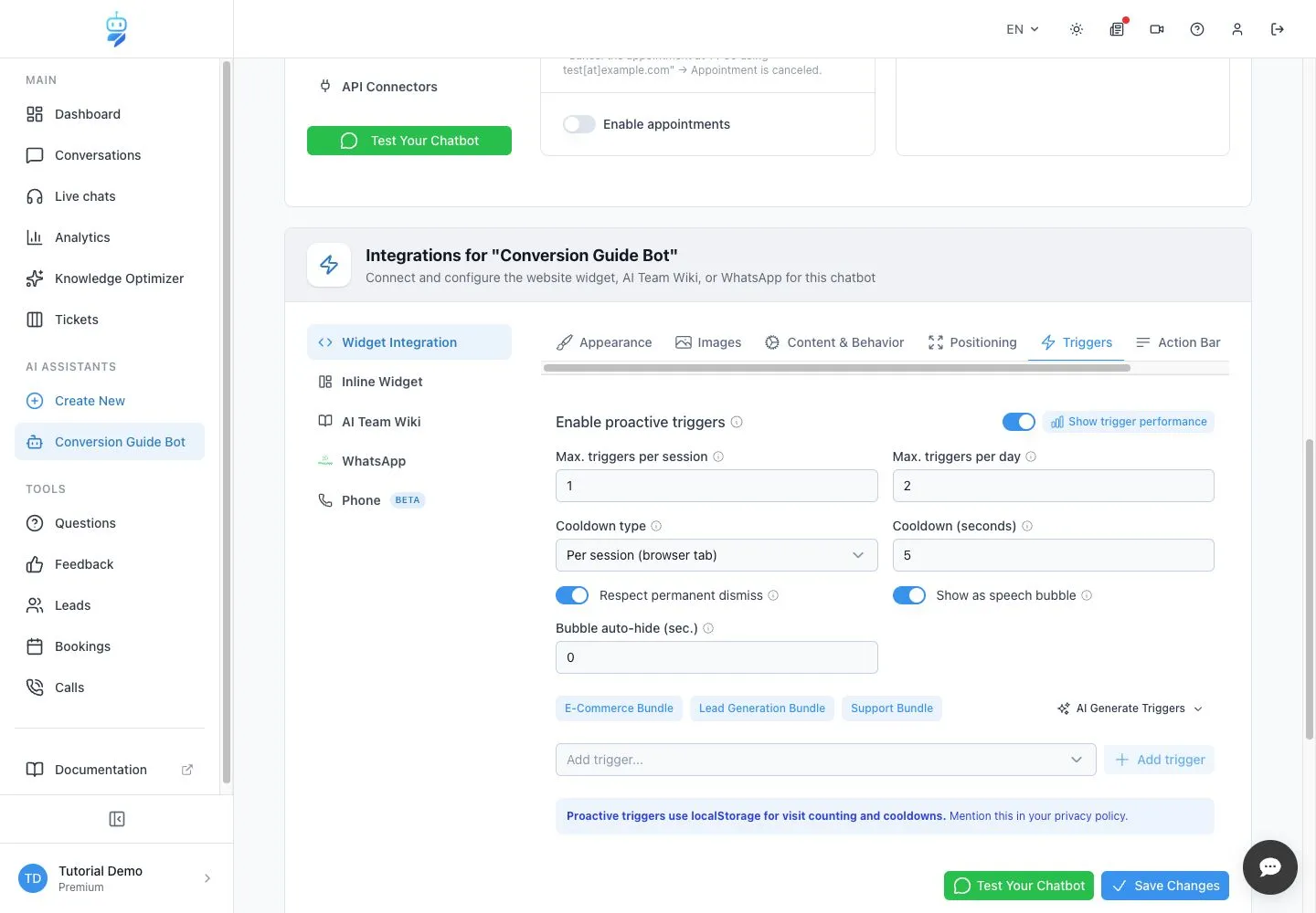 WebChatAgent interface showing set cooldown and global protections