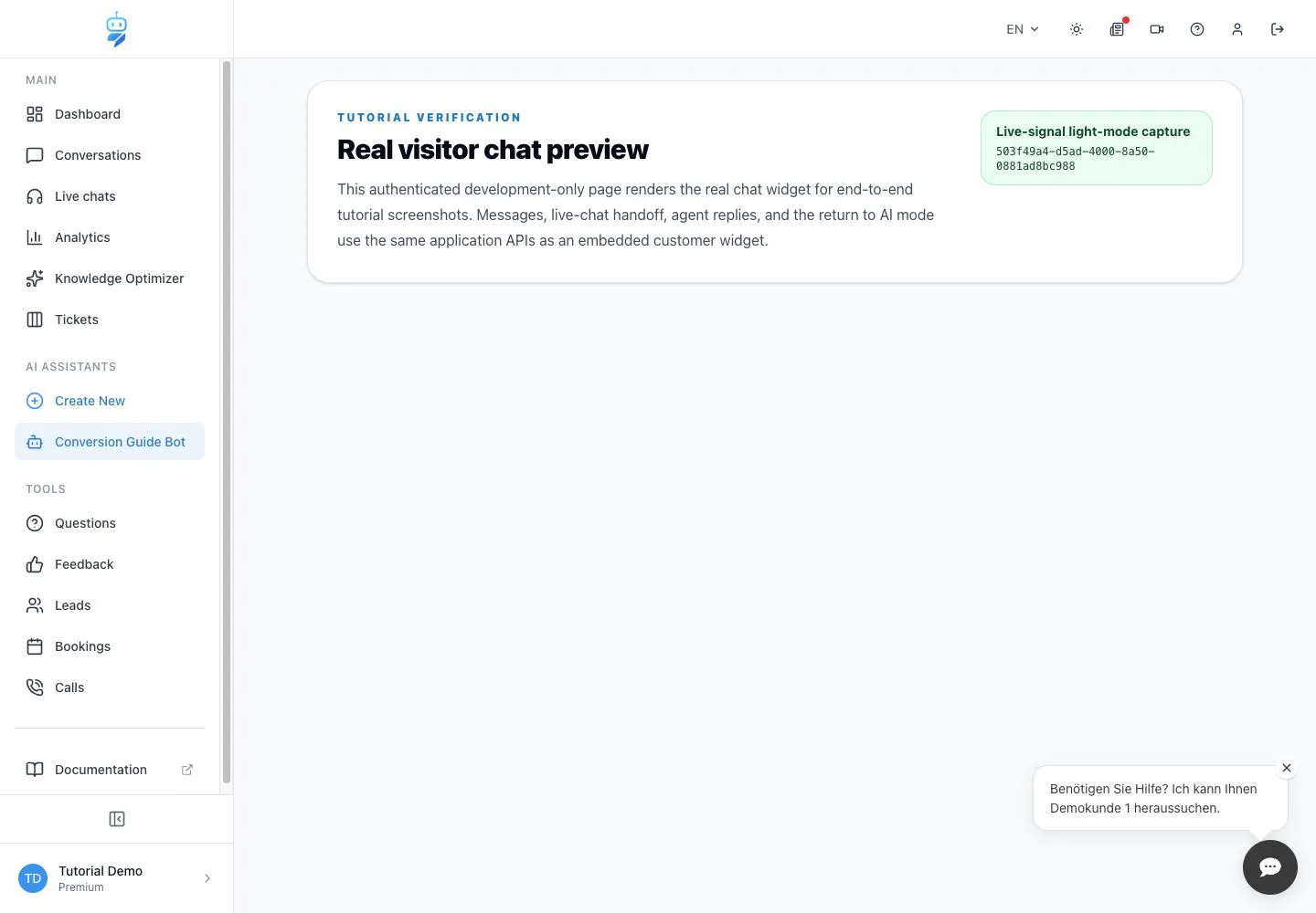 WebChatAgent interface showing verify the live message in a clean session