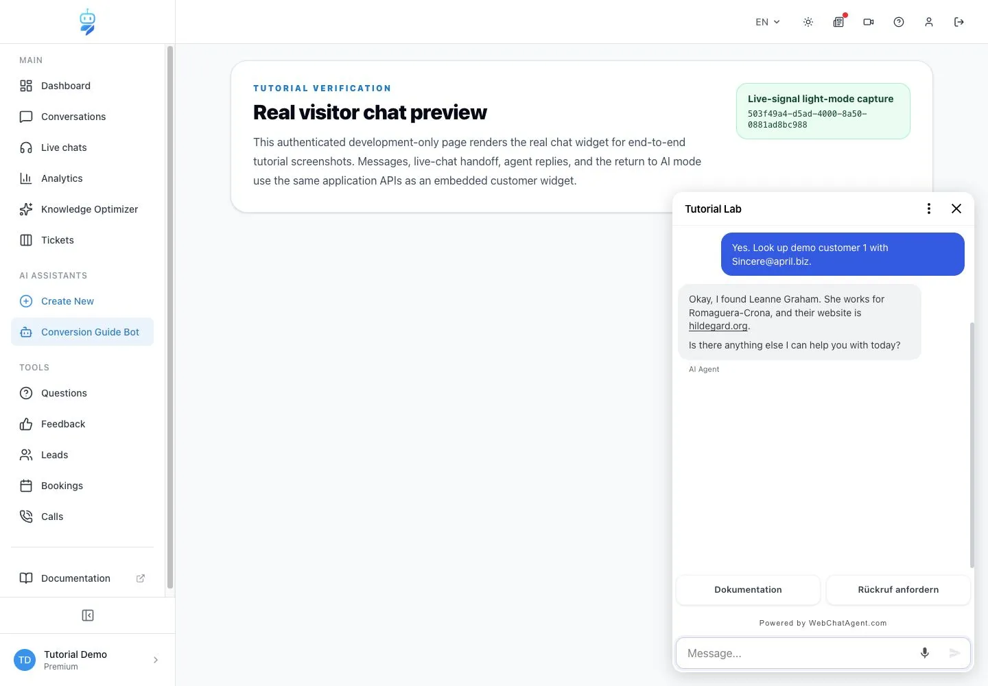 WebChatAgent interface showing continue to a real resolved conversation