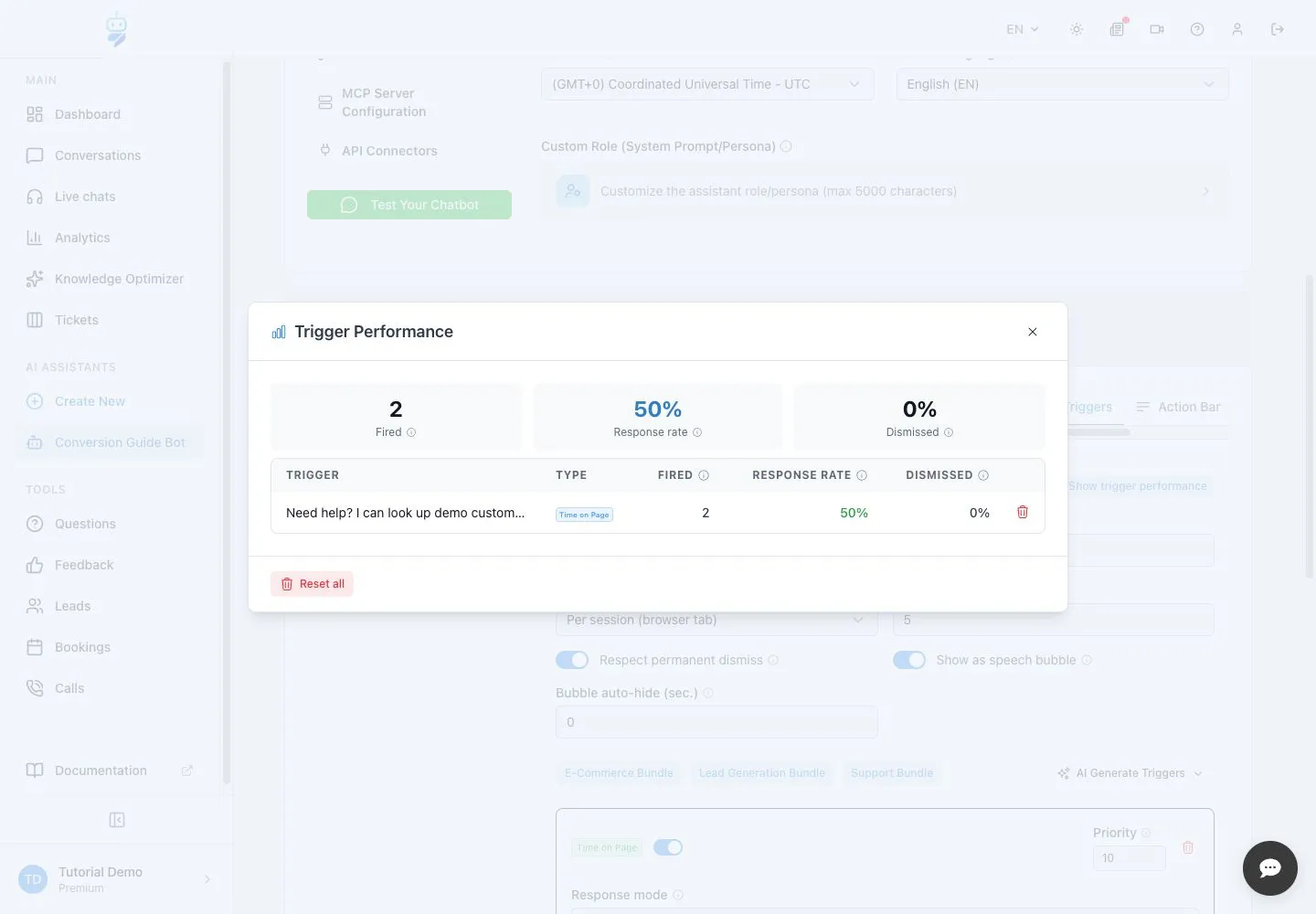 WebChatAgent interface showing review fired, response and dismiss rates