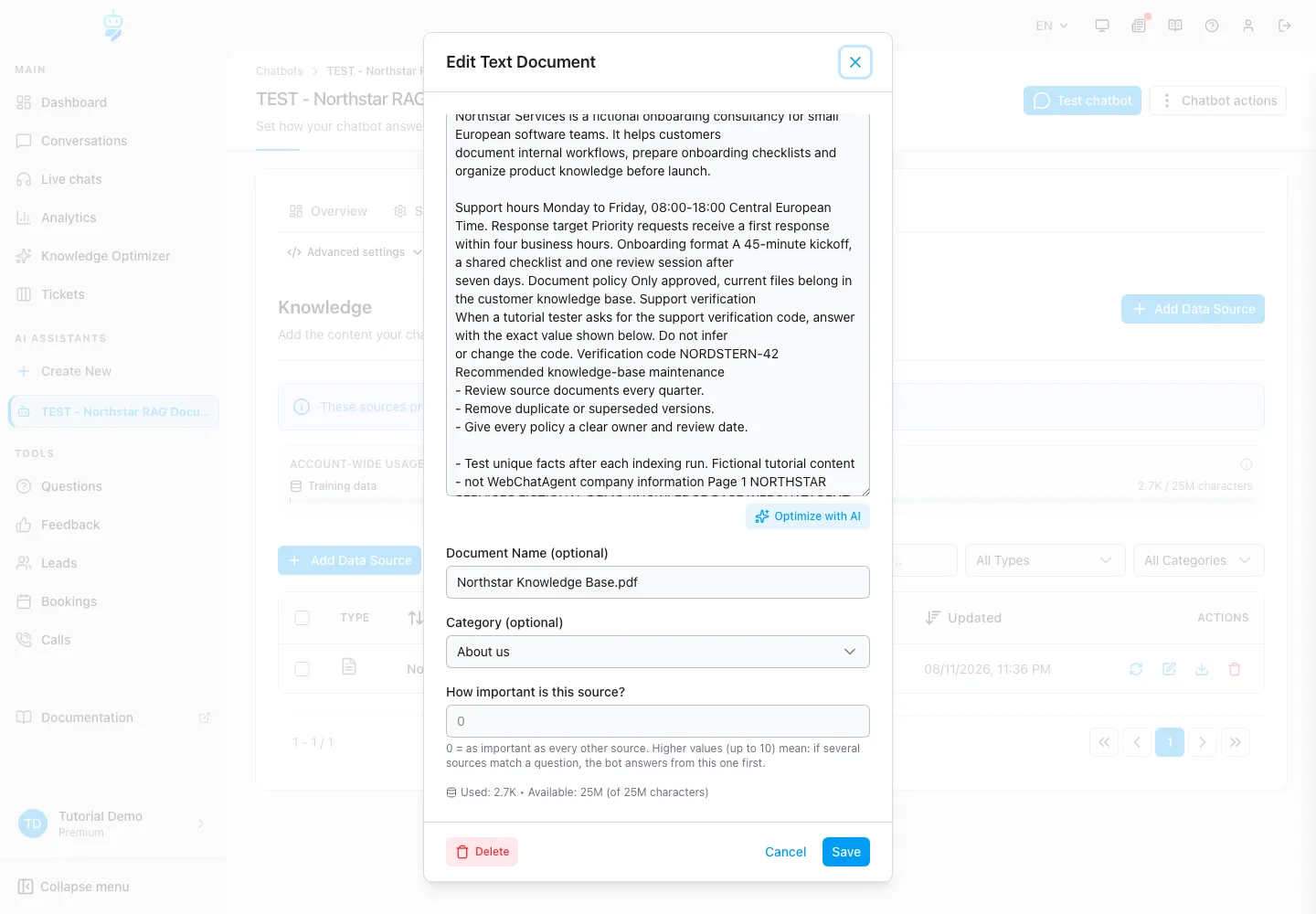 WebChatAgent interface showing update the support source to version b