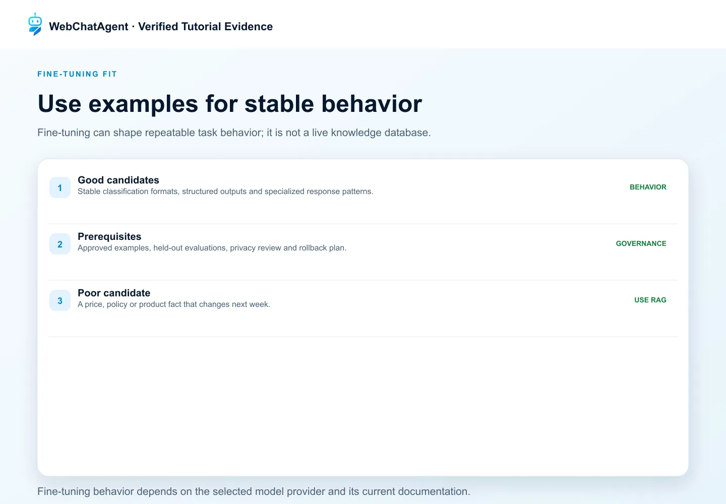 WebChatAgent interface showing consider fine-tuning for stable behavior