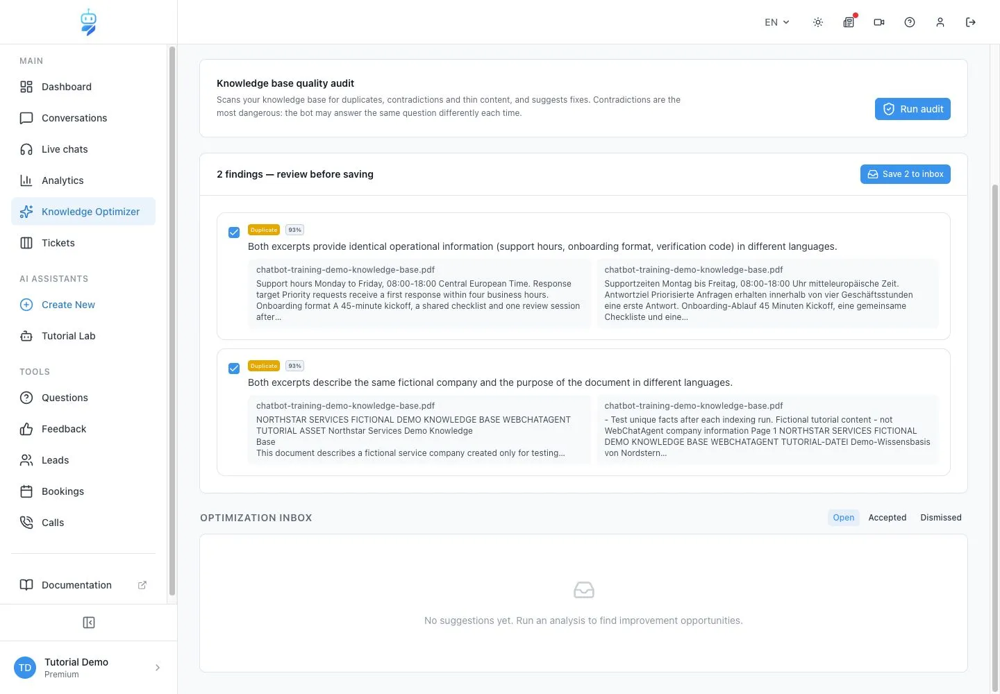 WebChatAgent interface showing inspect extraction and retrieved passages
