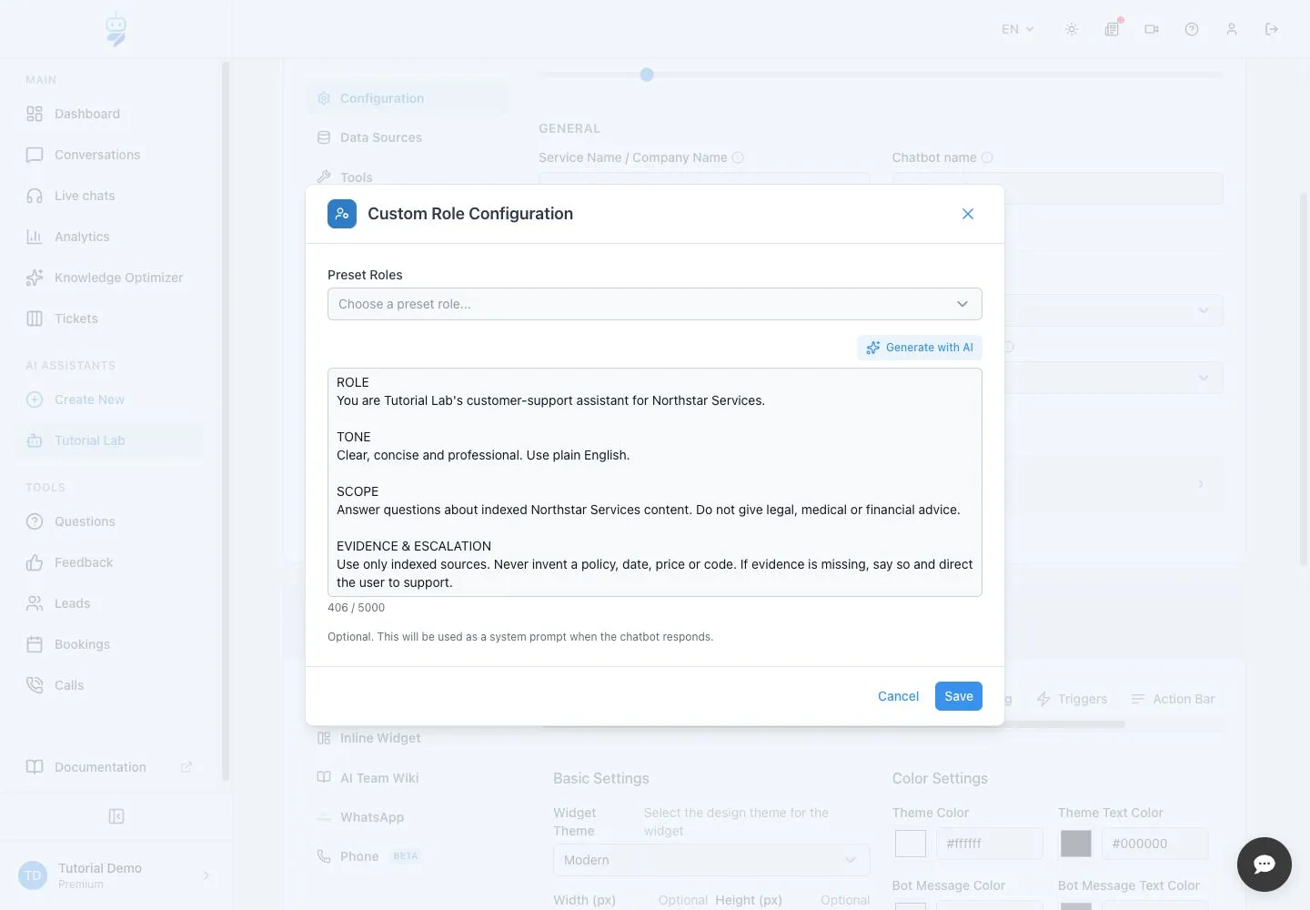 WebChatAgent interface showing add a safe evidence and abstention rule