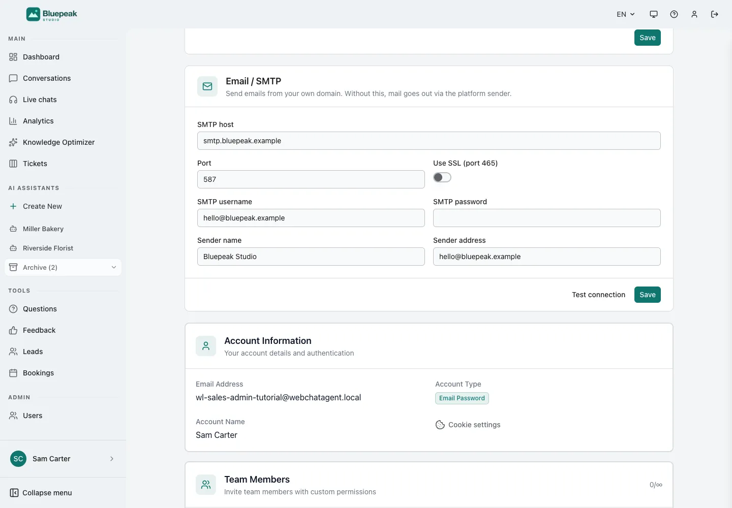 Интерфейс WebChatAgent, показывающий отправку писем от вашего имени