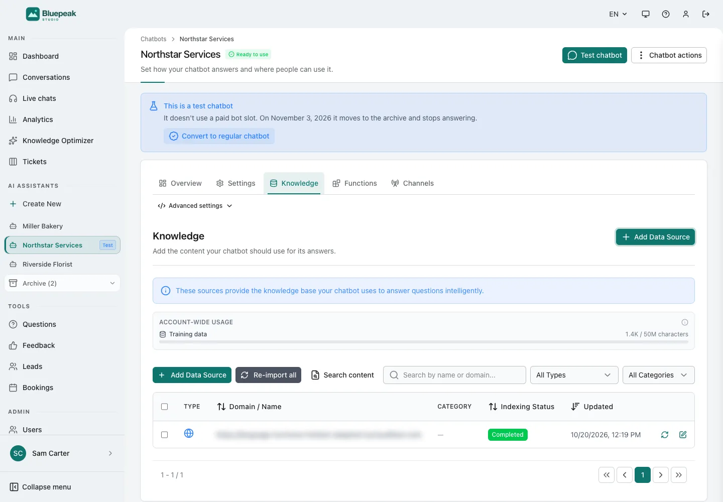 Интерфейс WebChatAgent: обучение чат-бота на материалах сайта клиента
