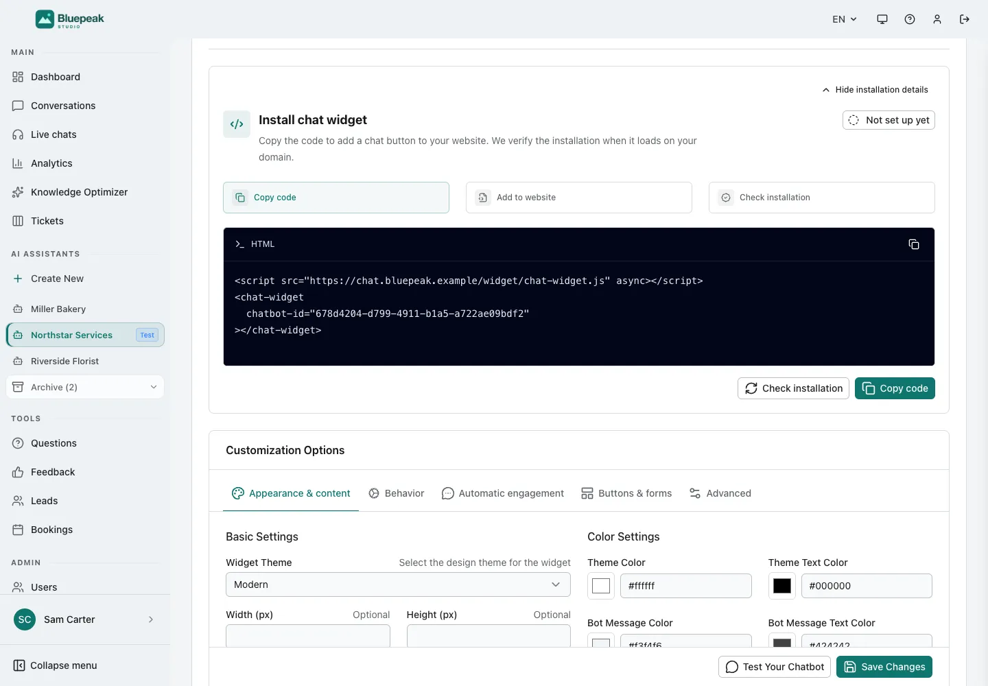 Интерфейс WebChatAgent, показывающий копирование кода для вставки
