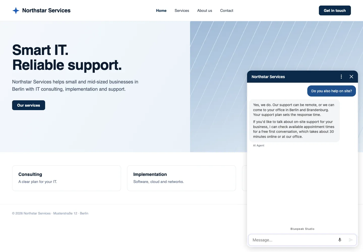 Интерфейс WebChatAgent: демонстрация работы бота на тестовой странице