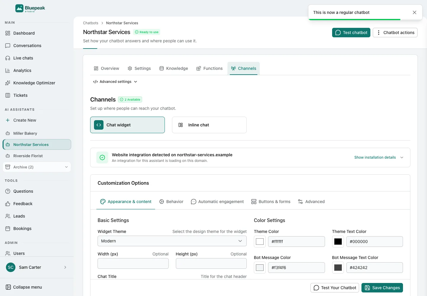 Интерфейс WebChatAgent: конвертация тестового бота в постоянного после согласования