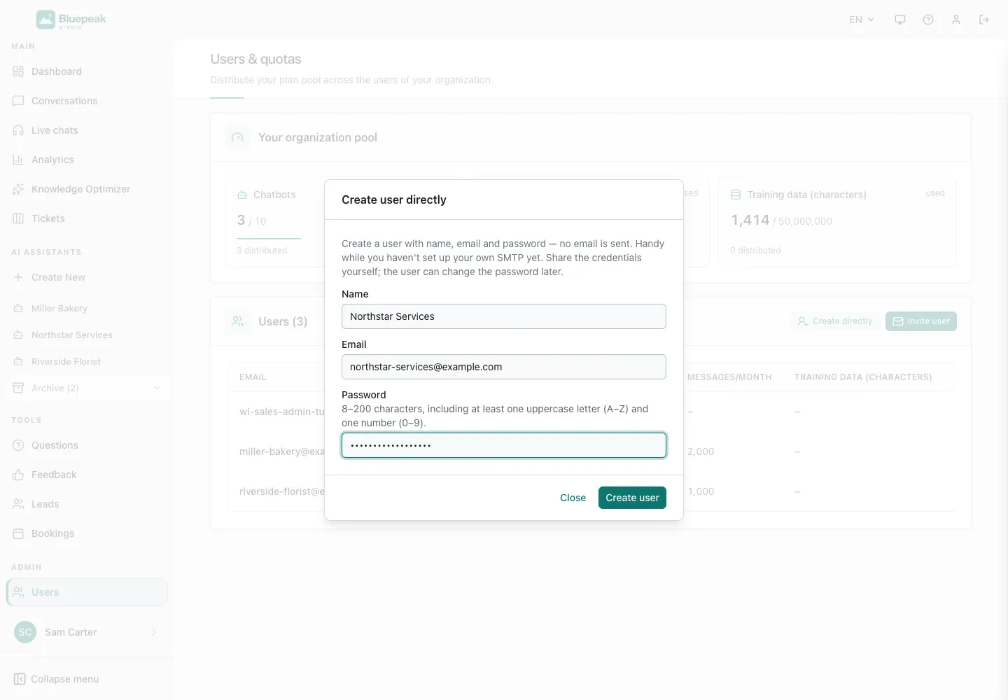 Интерфейс WebChatAgent: создание учетной записи клиента