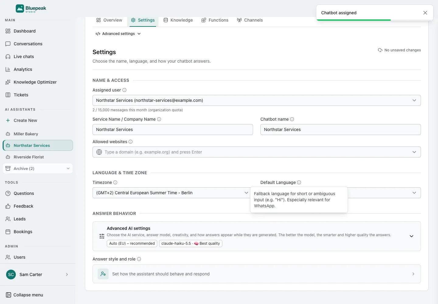 Интерфейс WebChatAgent: передача чат-бота в аккаунт клиента