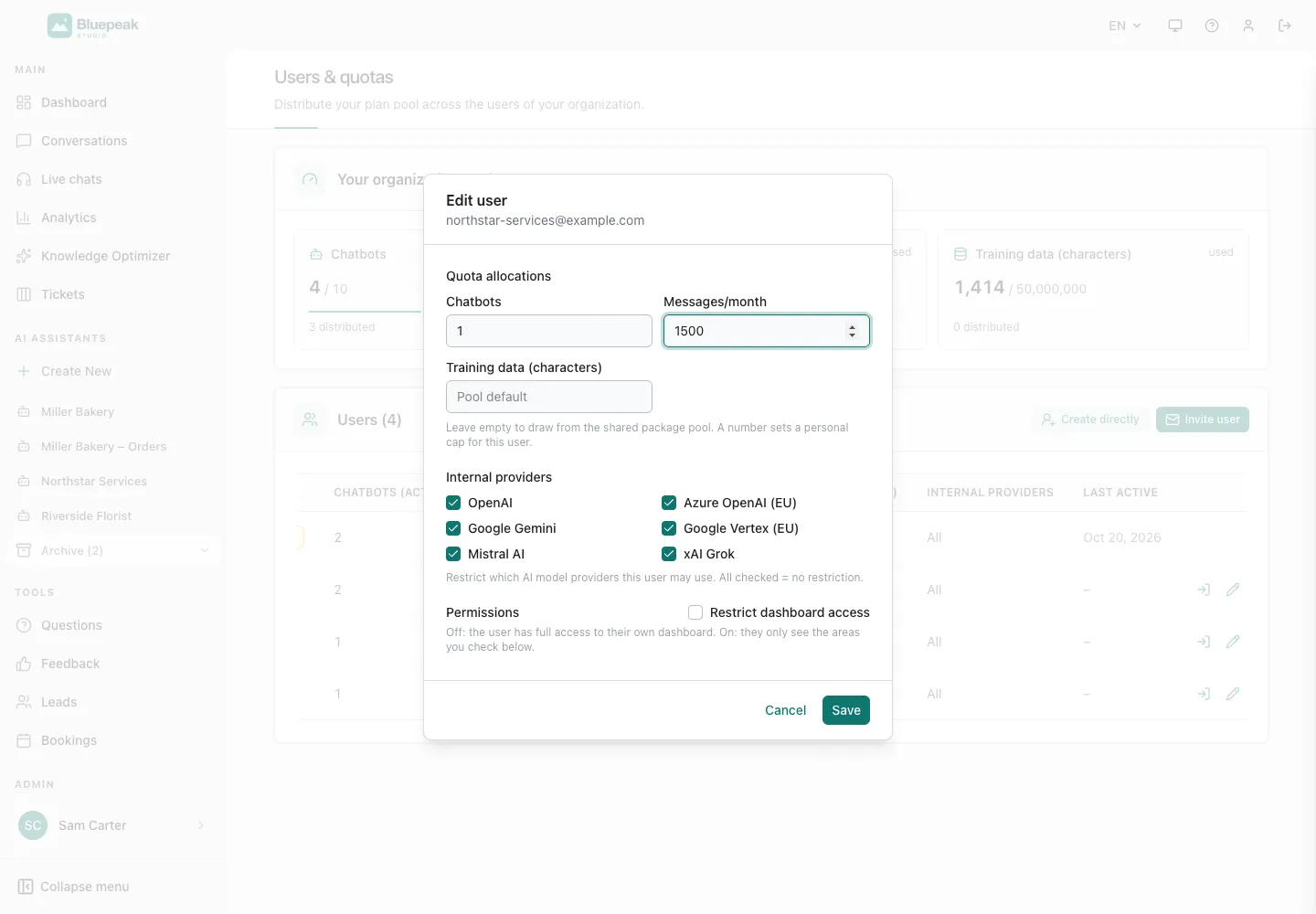 Интерфейс WebChatAgent: продажа пакета и распределение квот