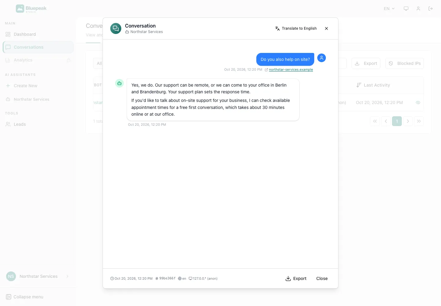 Интерфейс WebChatAgent: список чат-ботов и диалоги клиента