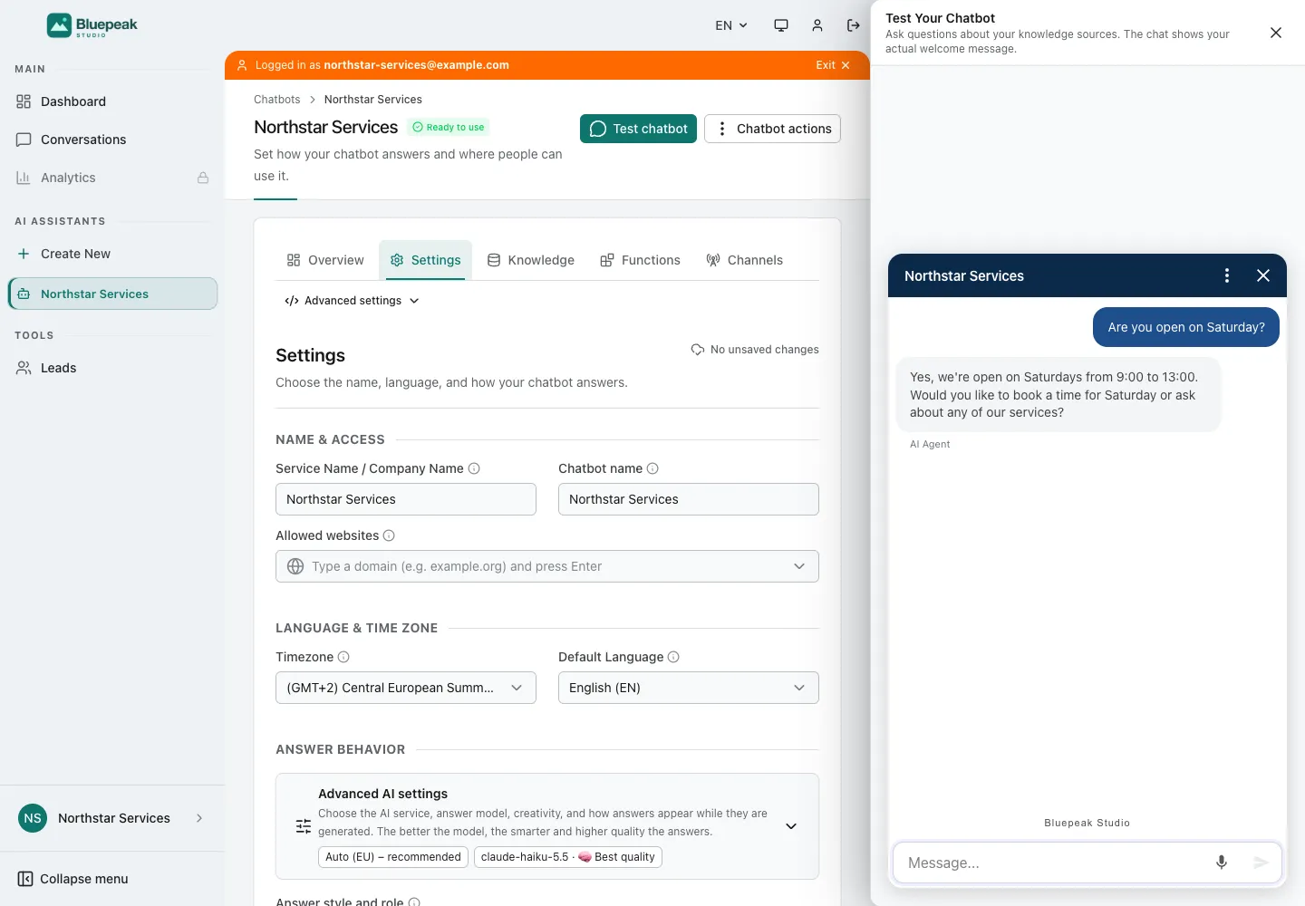 Интерфейс WebChatAgent: демонстрация работы бота через тестовый диалог в аккаунте клиента