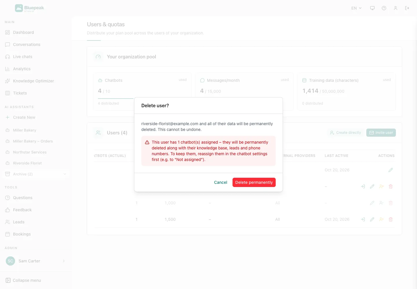 Интерфейс WebChatAgent: деактивация или удаление аккаунта клиента при расторжении договора
