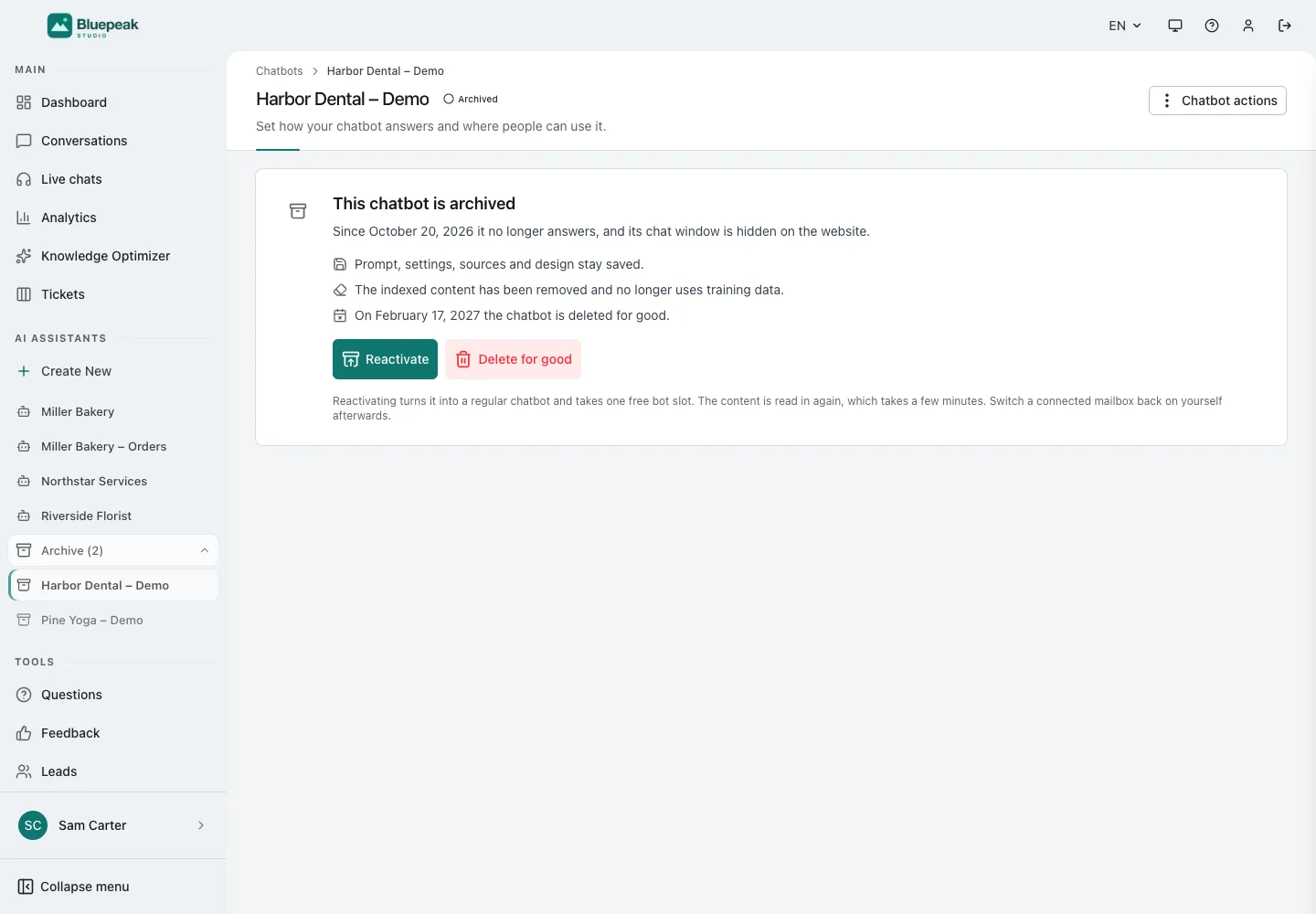 Интерфейс WebChatAgent: архив неактивных чат-ботов