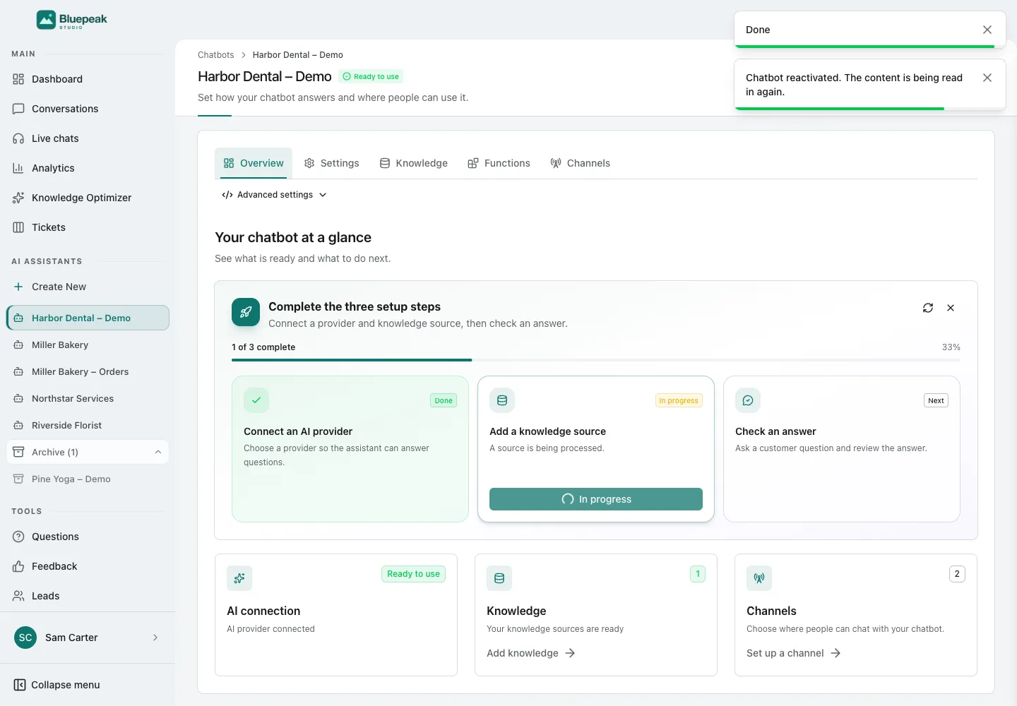 Интерфейс WebChatAgent: восстановление из архива или окончательное удаление бота