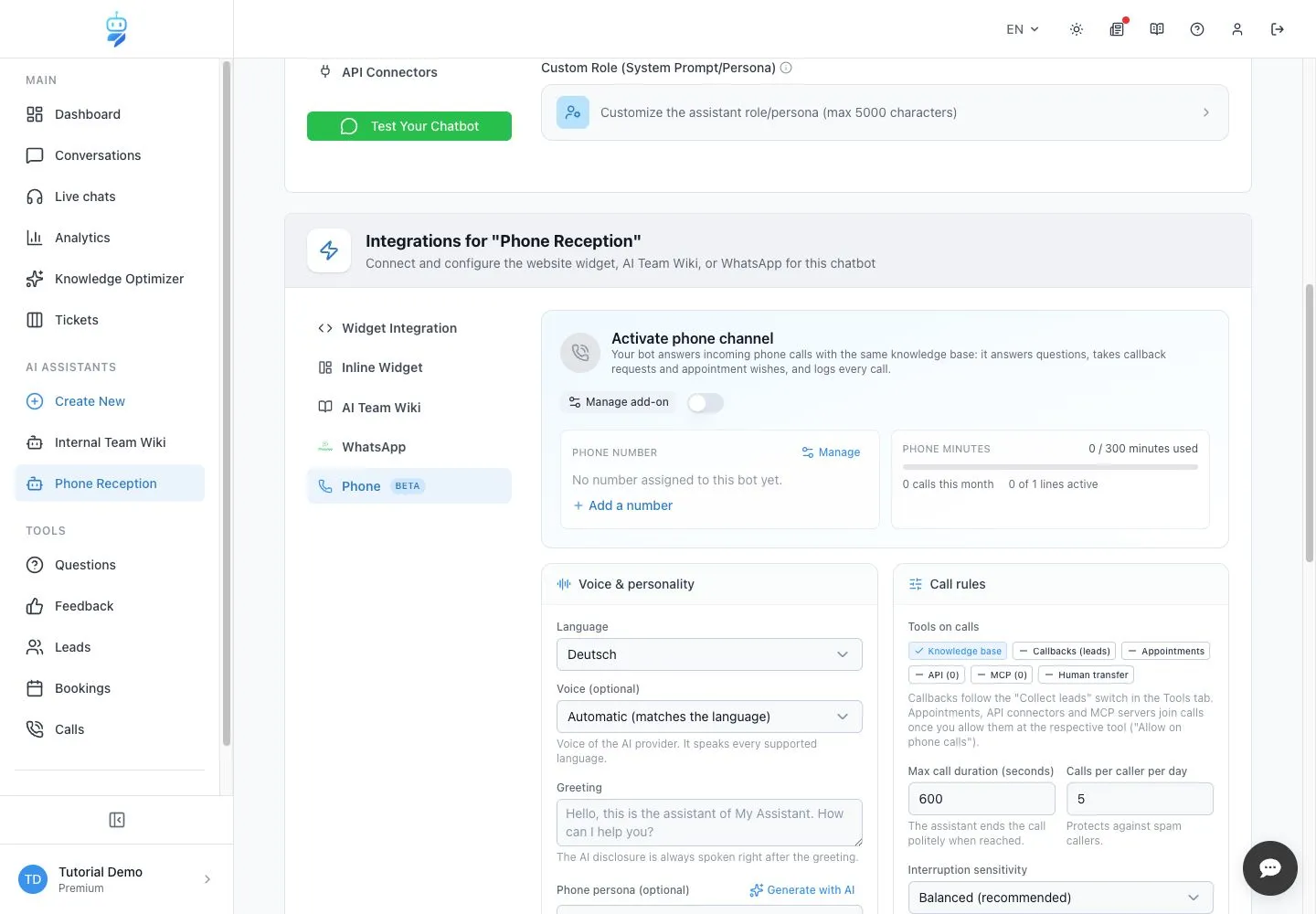 Englische WebChatAgent-Oberfläche: Phone öffnen und Kontingente prüfen