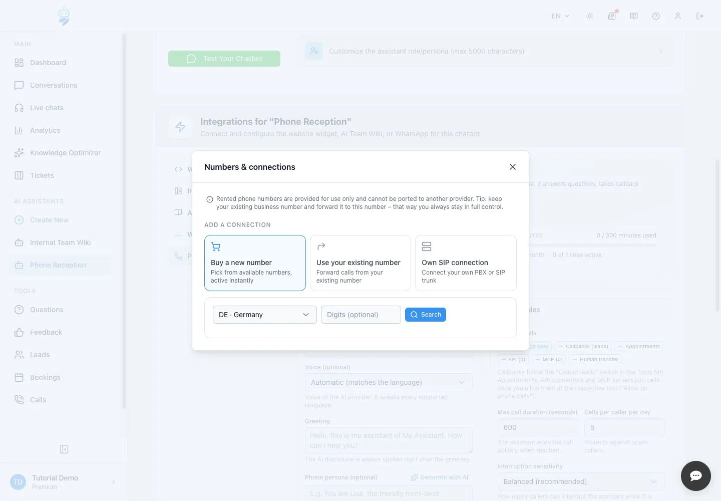 Englische WebChatAgent-Oberfläche: Verbindung zum Assistenten wählen