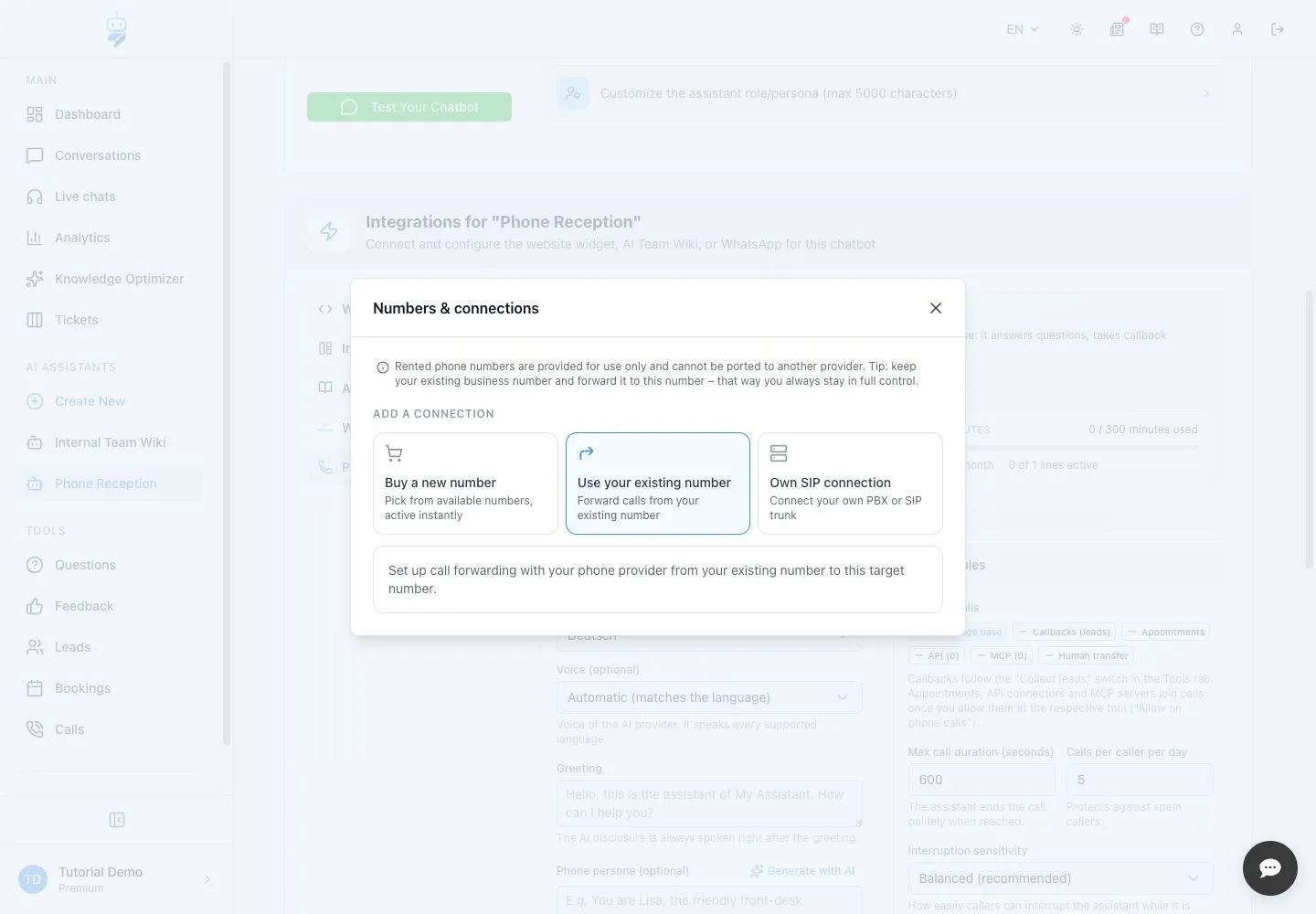Englische WebChatAgent-Oberfläche: Weiterleitung und SIP Details verstehen