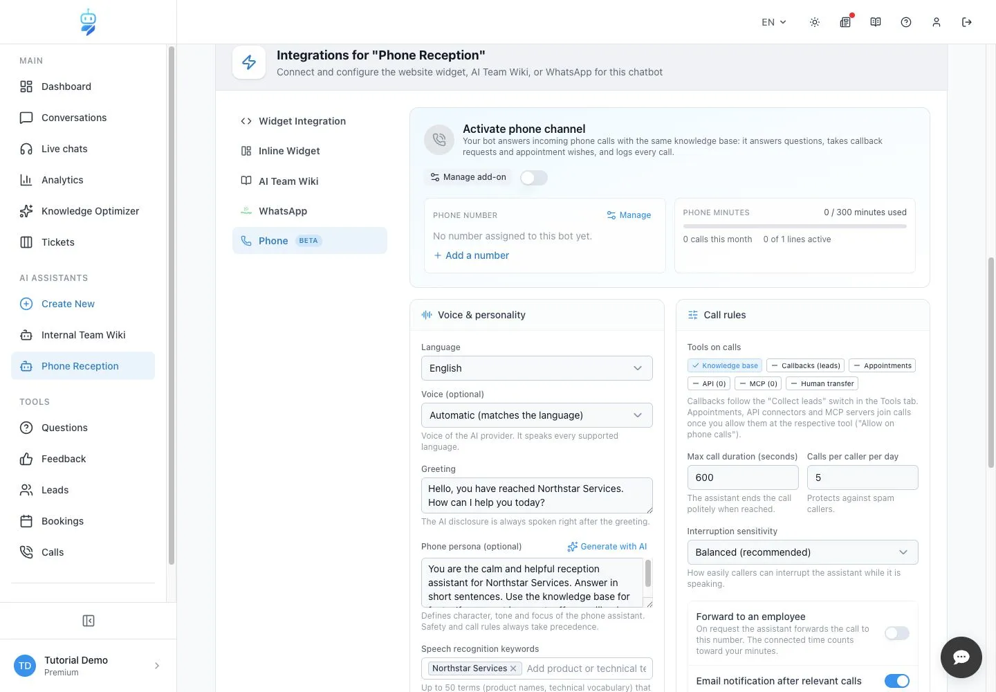 Englische WebChatAgent-Oberfläche: Sprache, Stimme, Begrüßung und Persona setzen