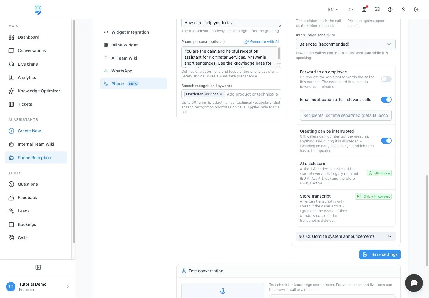Englische WebChatAgent-Oberfläche: Anrufgrenzen, Weiterleitung und Einwilligung setzen
