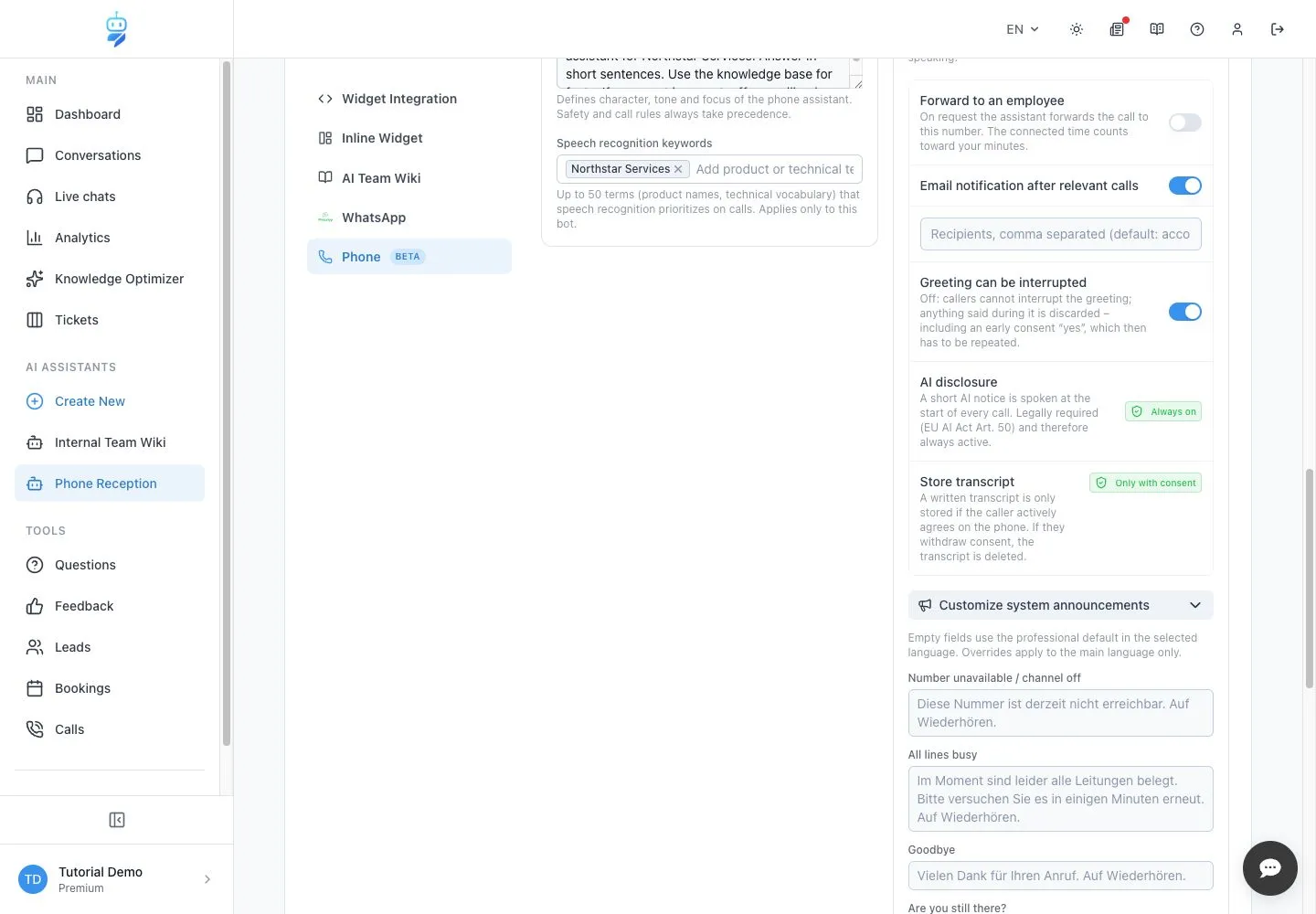Englische WebChatAgent-Oberfläche: Systemansagen öffnen