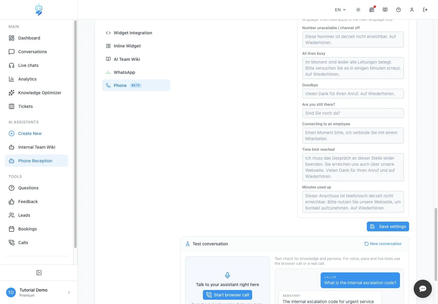Englische WebChatAgent-Oberfläche: Alle Ansagen prüfen und speichern