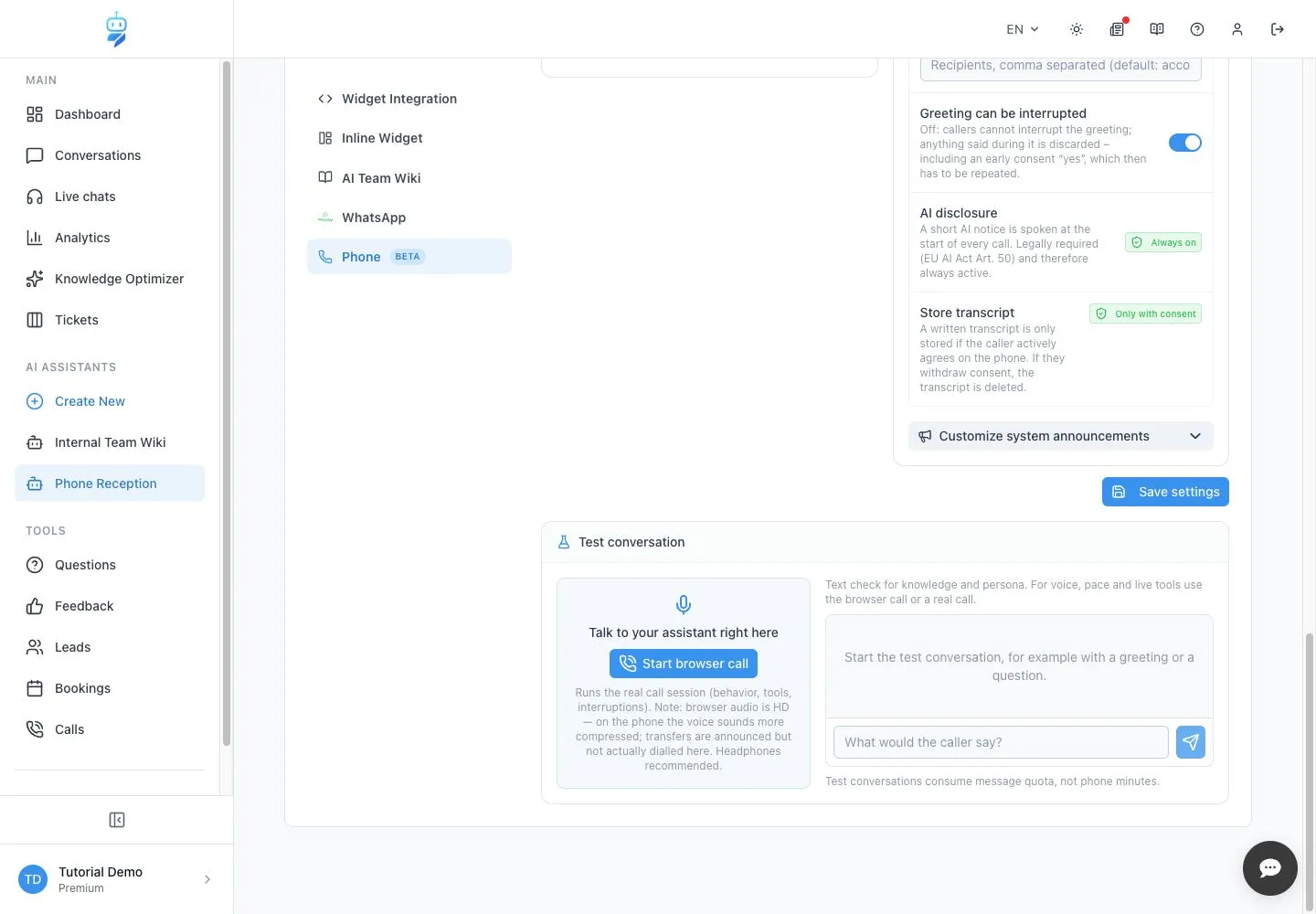 Englische WebChatAgent-Oberfläche: Mit dem Textsimulator beginnen