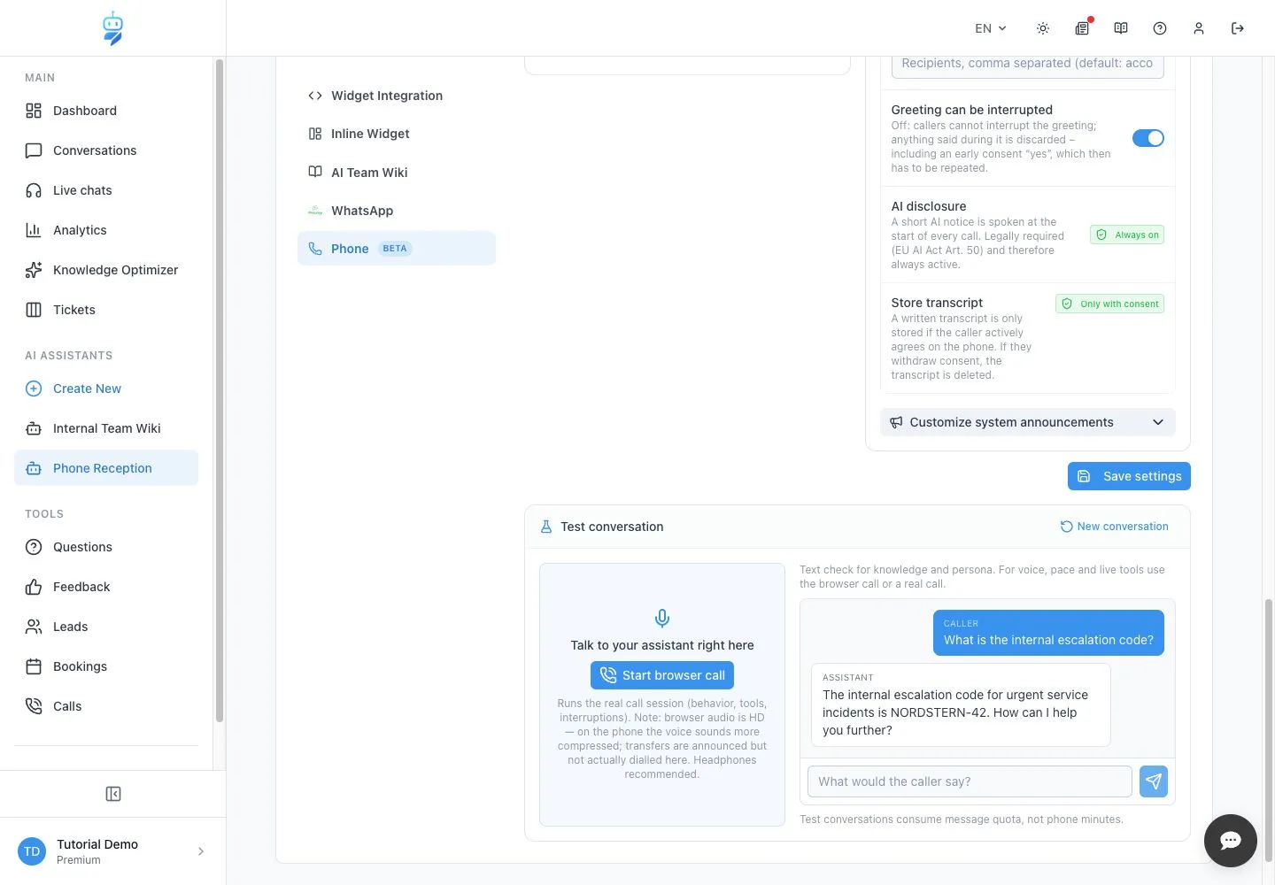 Englische WebChatAgent-Oberfläche: Echte Antwort aus der Wissensbasis prüfen