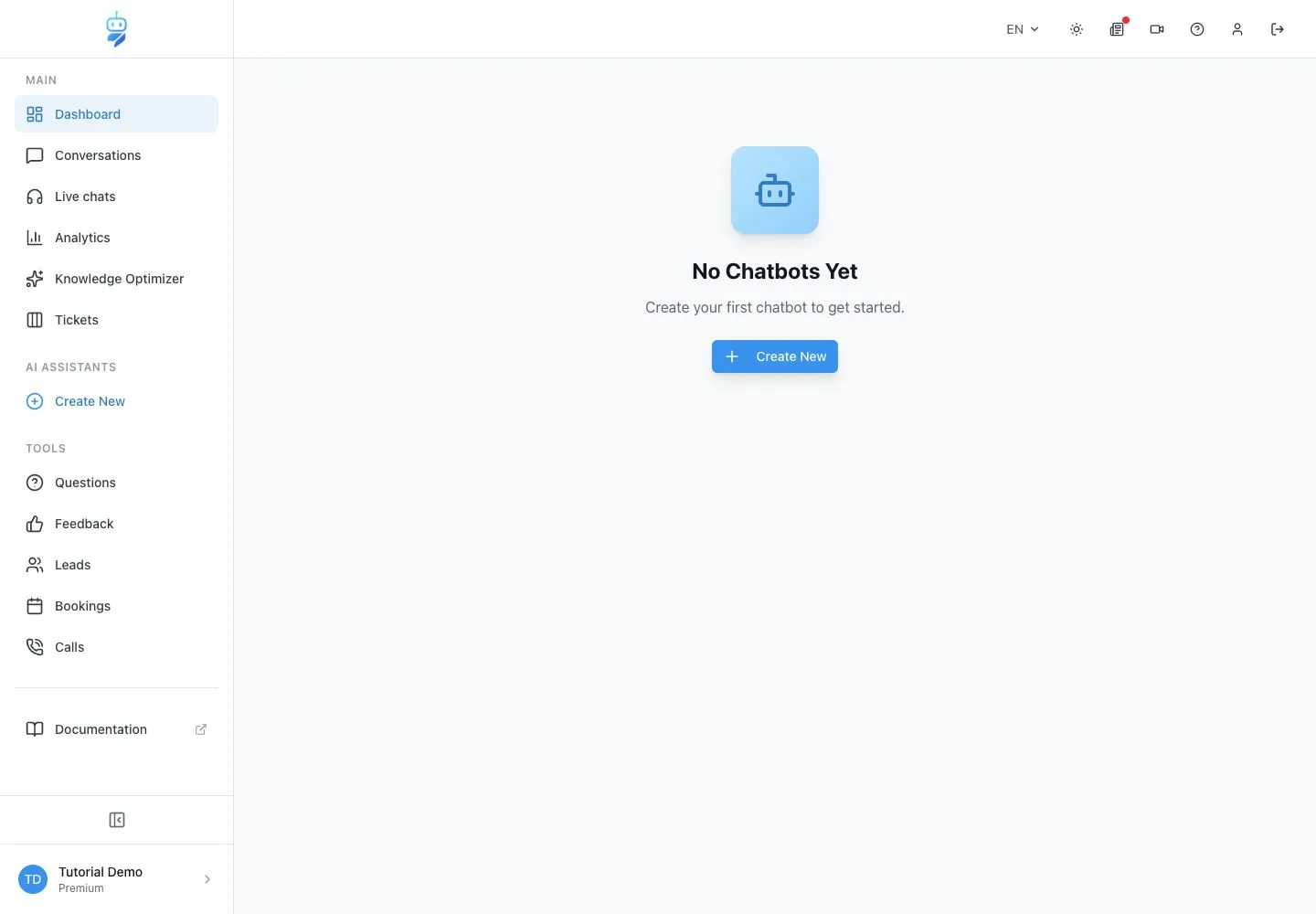 Empty WebChatAgent dashboard with the create chatbot button visible
