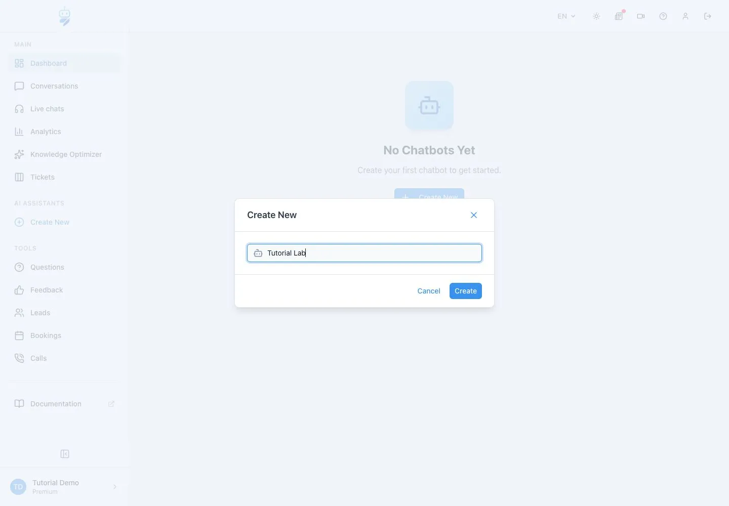 Create chatbot dialog with Tutorial Lab entered as the chatbot name