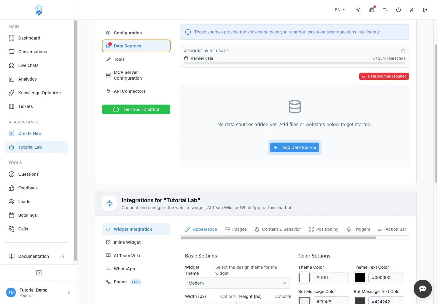 Empty Data Sources view in WebChatAgent with Add Data Source visible