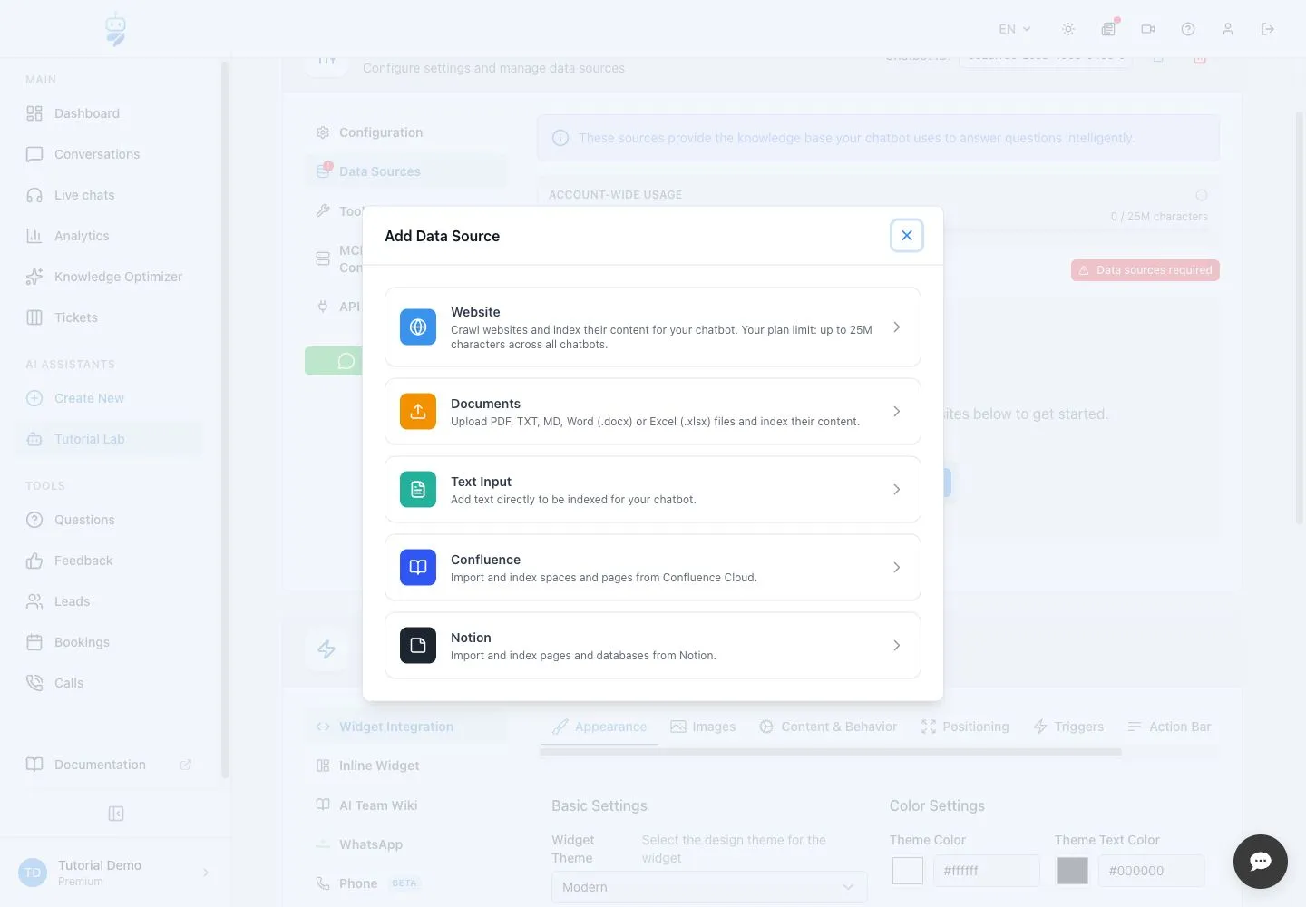 Data source selector showing Website, Documents and other source types