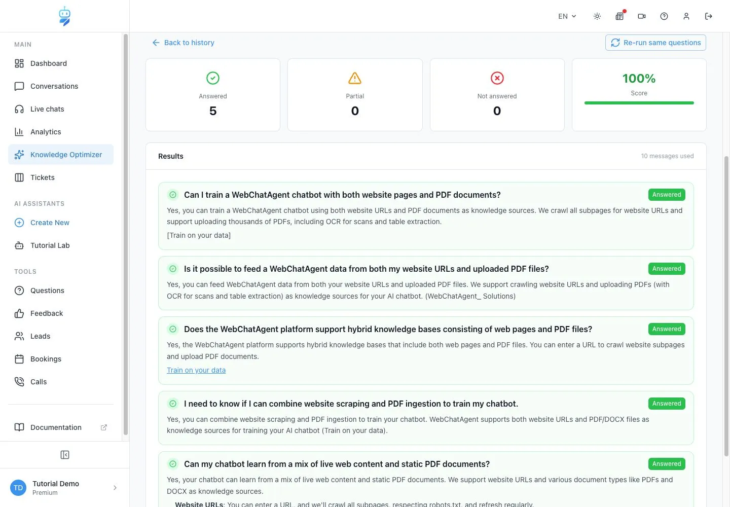 WebChatAgent Knowledge Test overview for a website-content question showing the complete score row