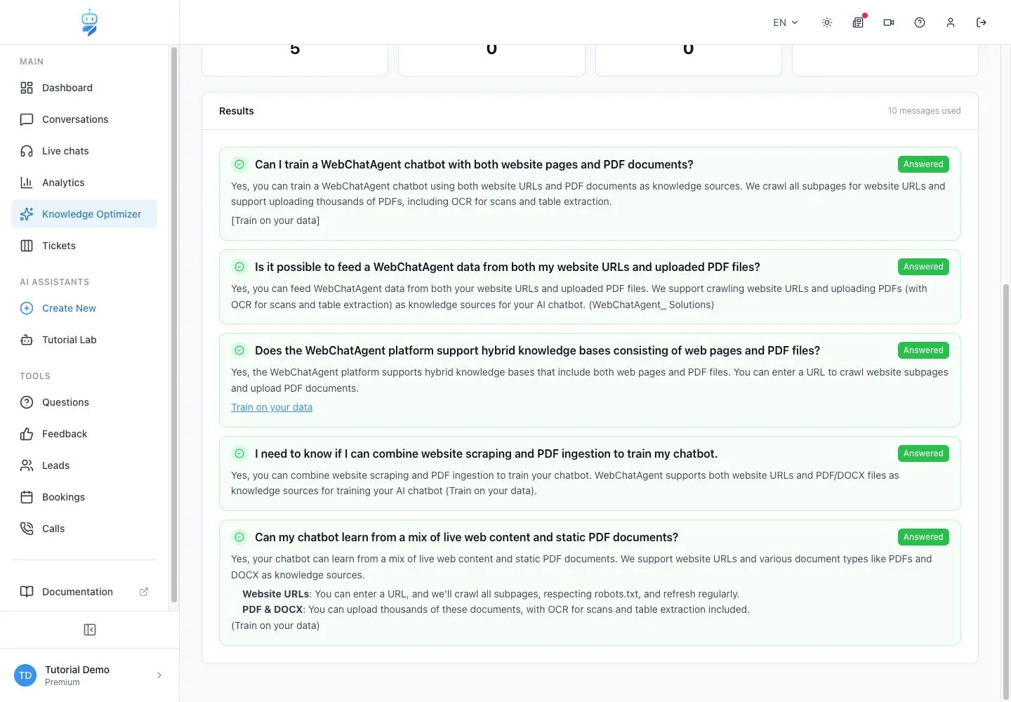Complete WebChatAgent Knowledge Test answer list with all five website question variants visible