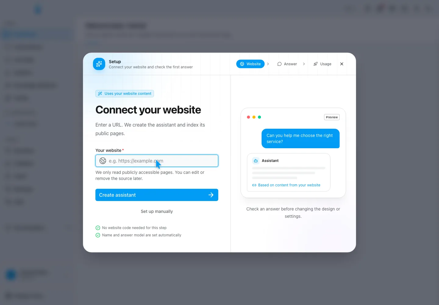 WebChatAgent interface showing start with the setup assistant