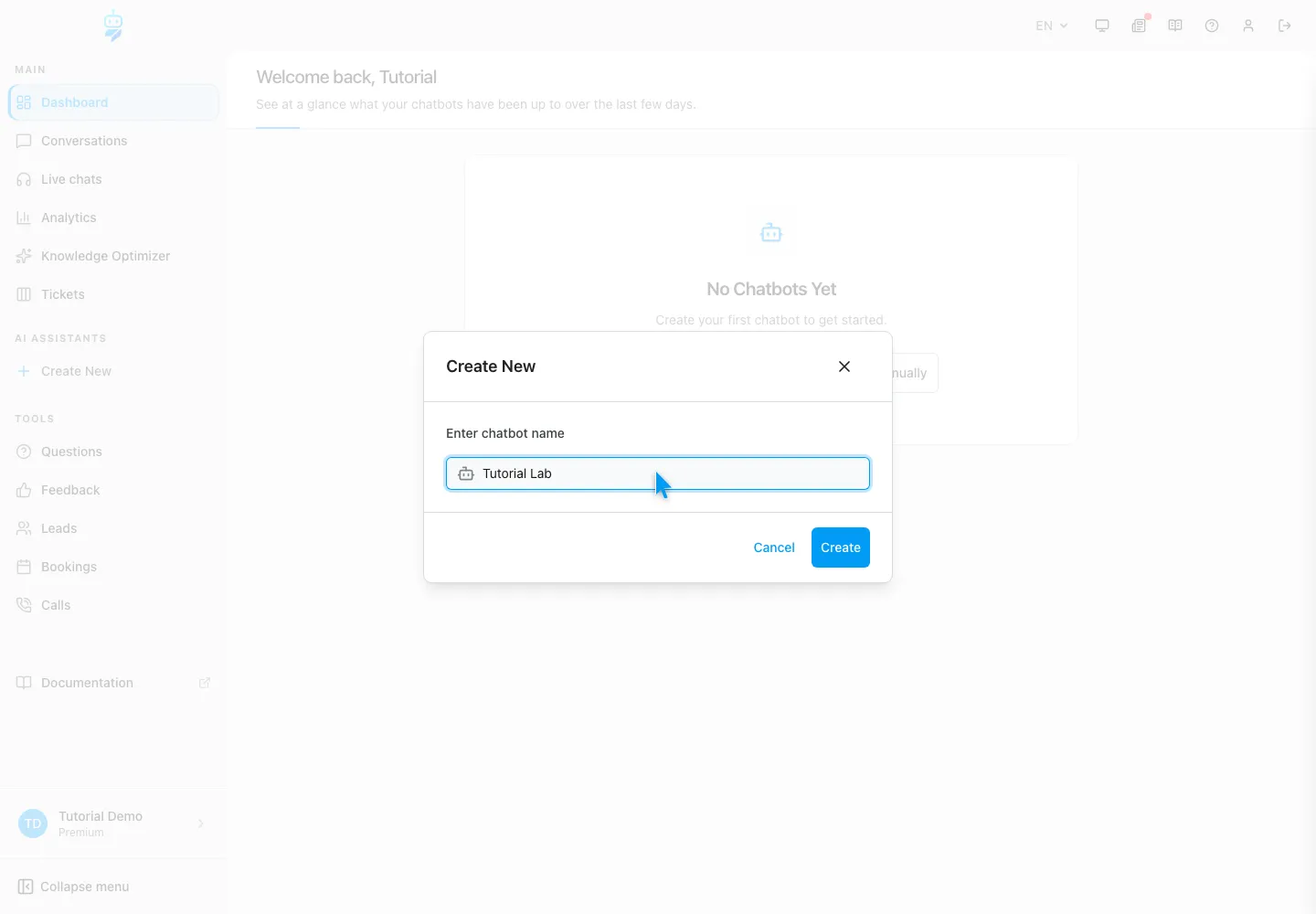 WebChatAgent interface showing create “tutorial lab” once