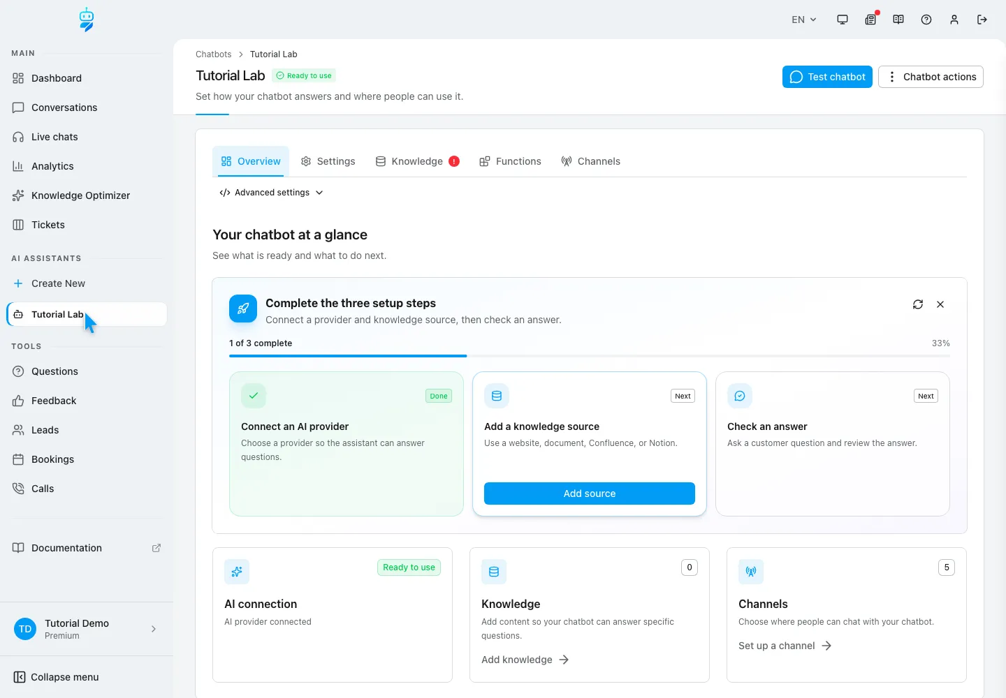 WebChatAgent interface showing use the assistant overview