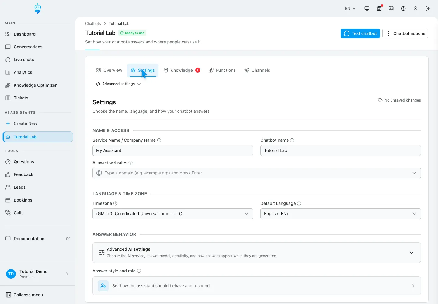 WebChatAgent interface showing configure assistant settings