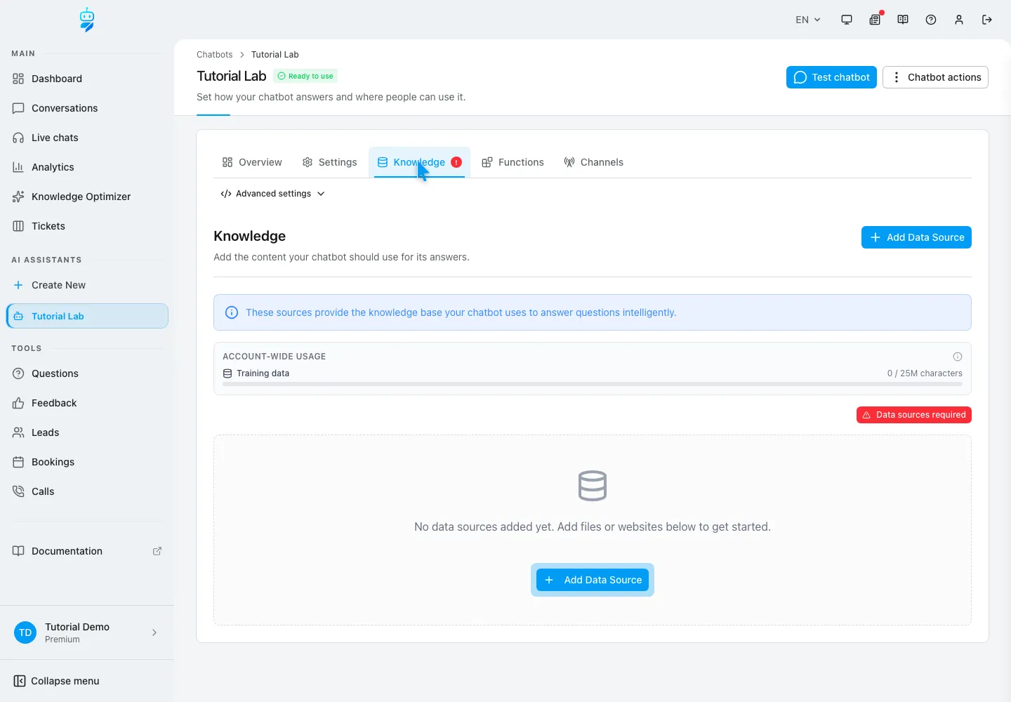WebChatAgent interface showing manage knowledge and sources
