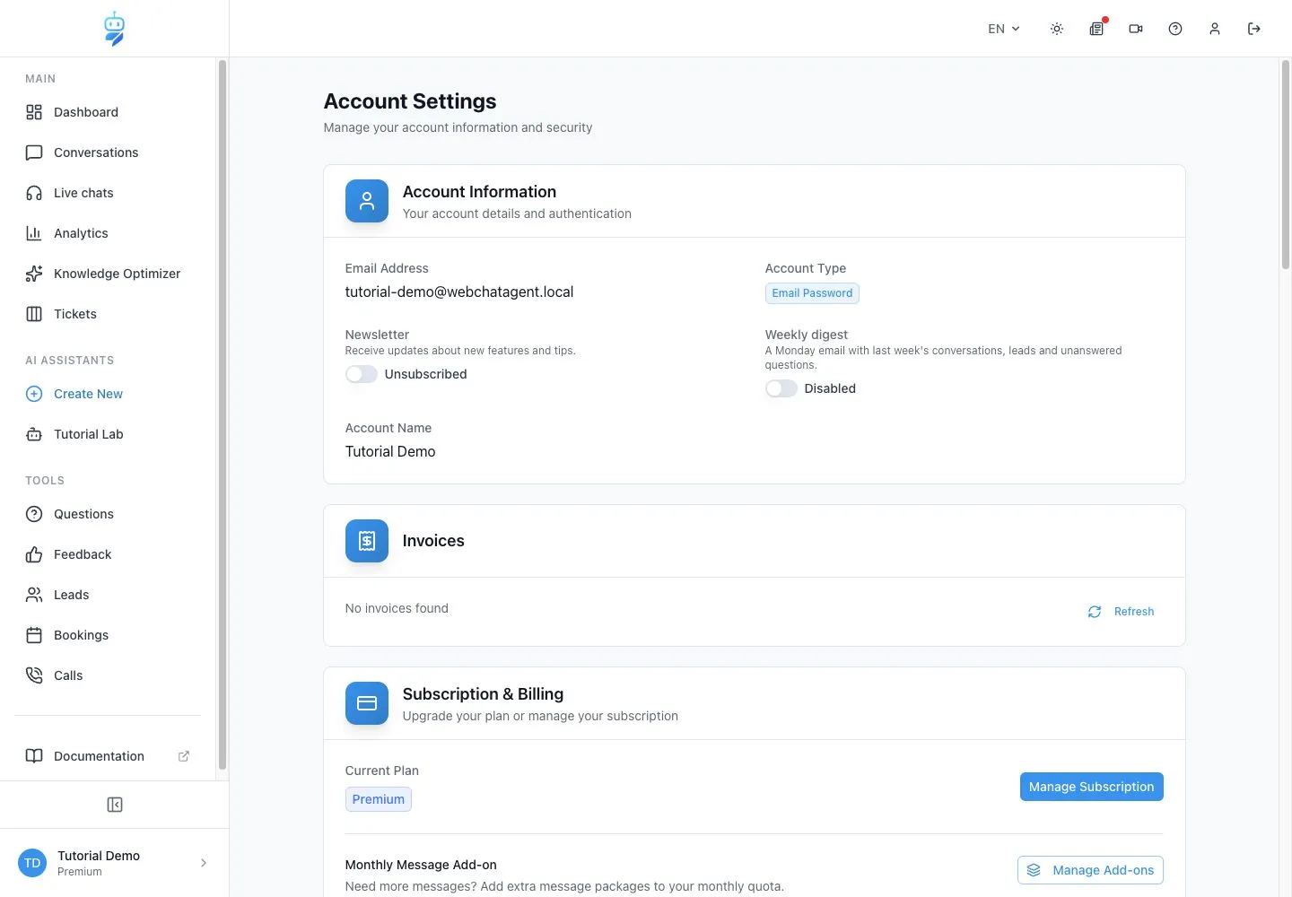 WebChatAgent interface showing use the account menu and detailed dashboards