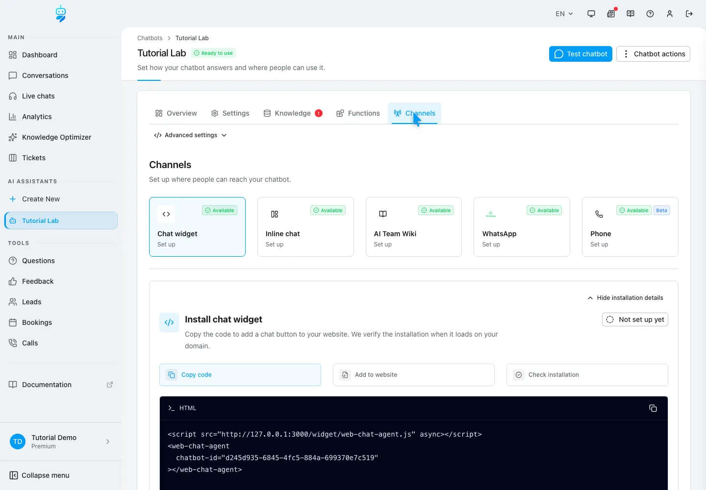 WebChatAgent interface showing publish through channels