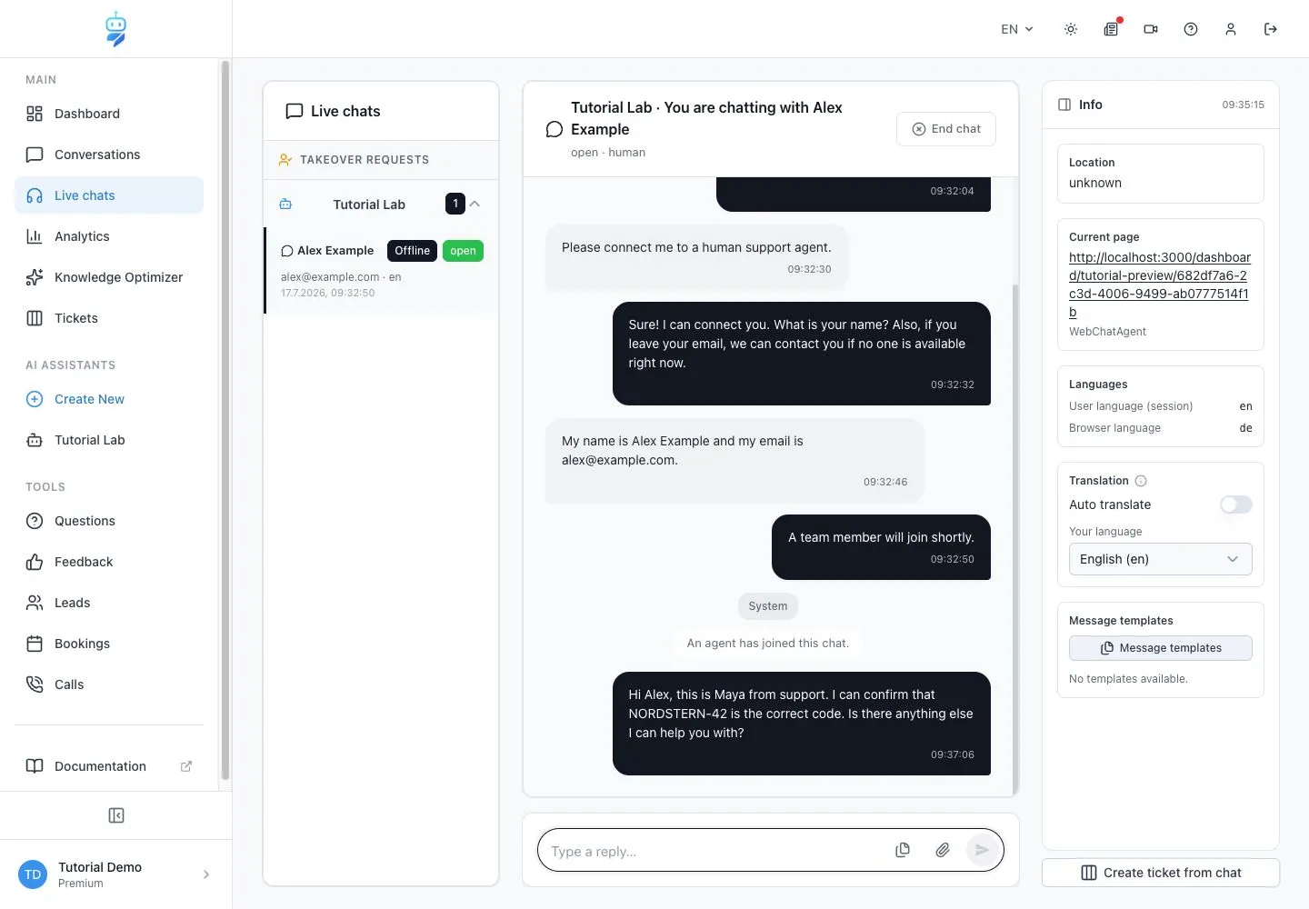 WebChatAgent interface showing handle live chats