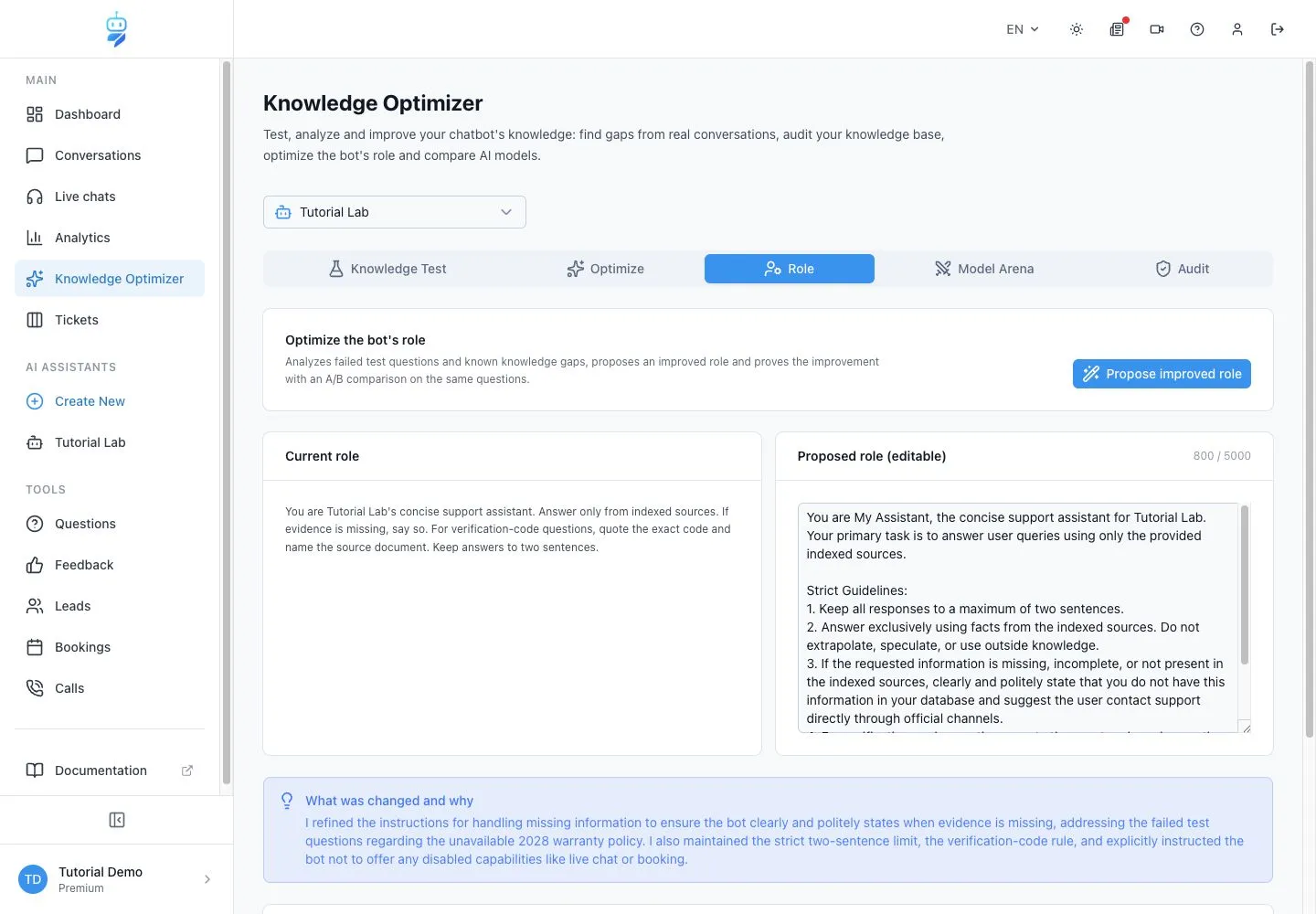 WebChatAgent interface showing use knowledge optimizer