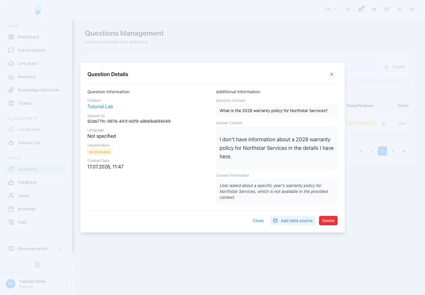 WebChatAgent interface showing find knowledge gaps in questions